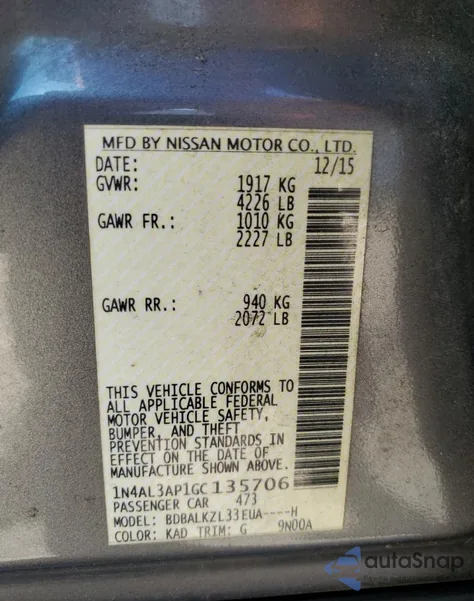 2016 Nissan Altima 2.5 from USA, damaged, VIN 1N4AL3AP1GC135706